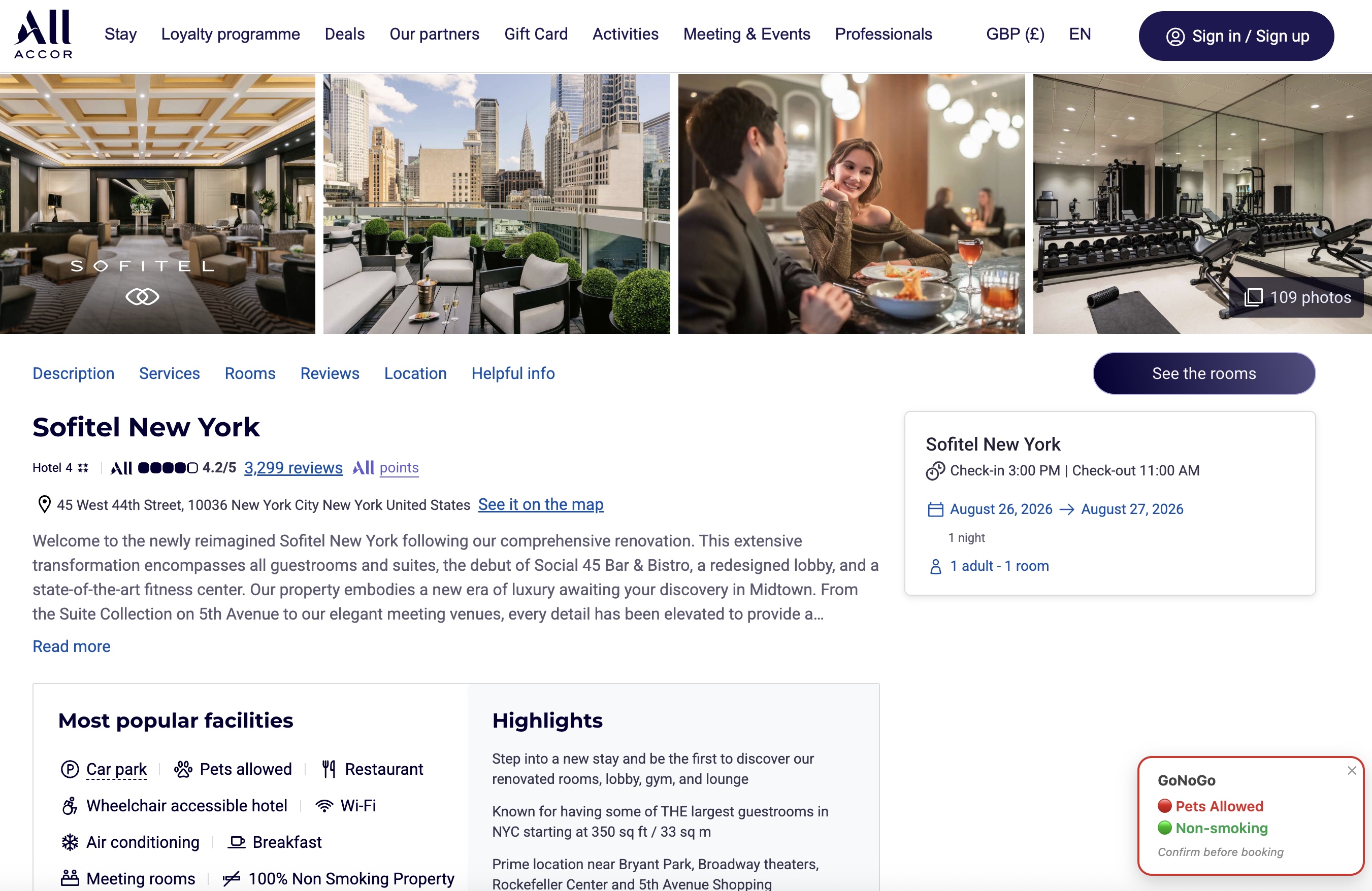 Sofitel New York listing on Accor with a GoNoGo pet-policy badge in the bottom-right corner