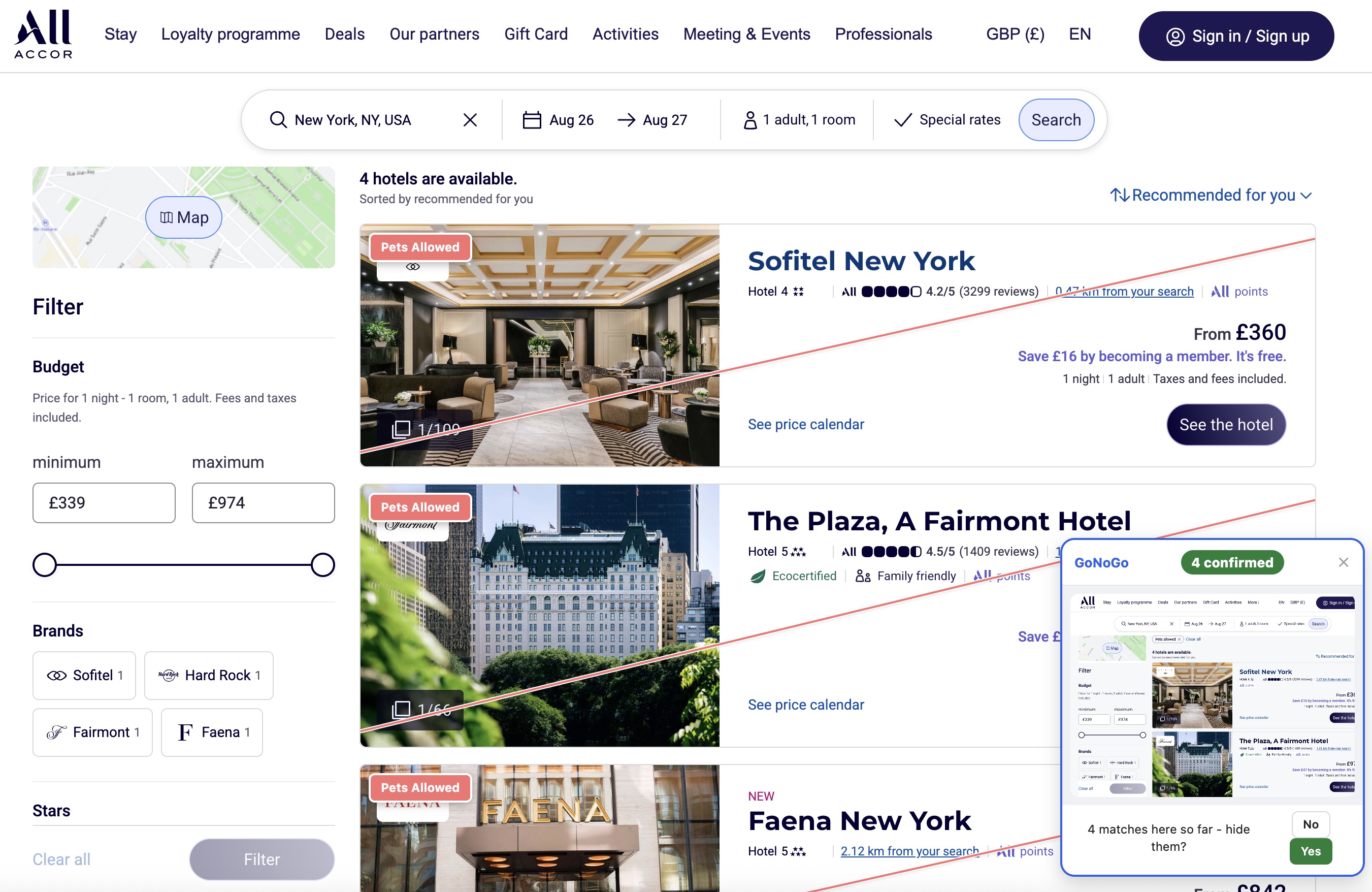 Accor search results for New York with 'Sofitel New York' and 'The Plaza, A Fairmont' carrying red 'Pets Allowed' corner badges, and GoNoGo's check panel