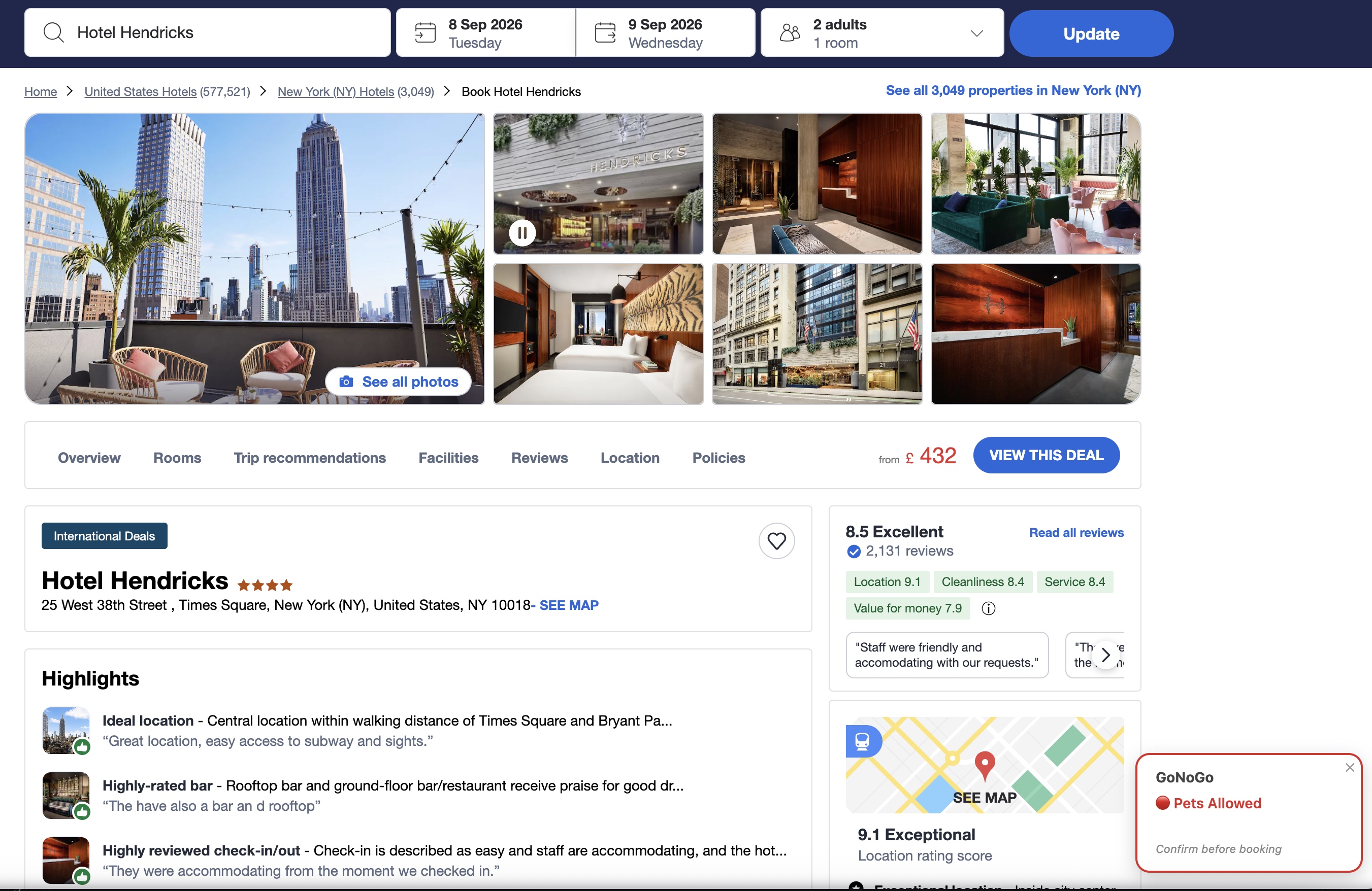 New York Hilton Midtown listing on Agoda with a yellow GoNoGo badge reading 'Pet Policy Not Specified'