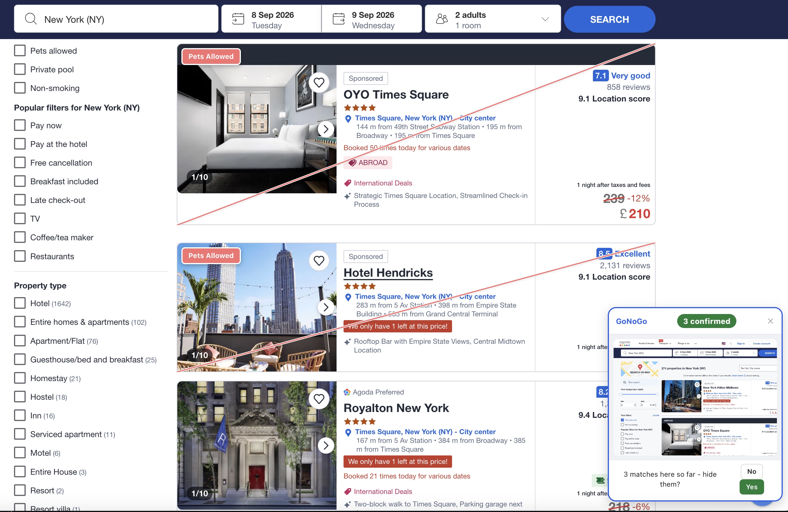 Agoda search results for New York with a listing carrying a red 'Pets Allowed' corner badge, and GoNoGo's check panel confirming matches so far
