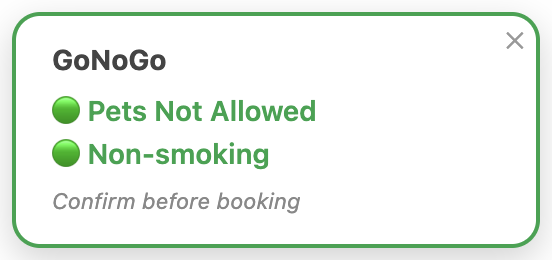 GoNoGo badge reading “Pets Not Allowed” and “Non-smoking”, both in green with a green border