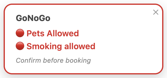 GoNoGo badge reading “Pets Allowed” and “Smoking allowed”, in red with a red border, as a warning