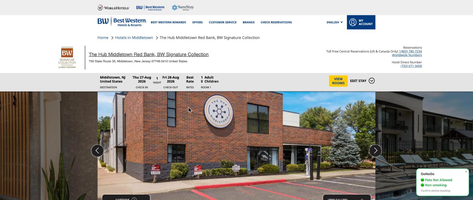 The Hub Middletown Red Bank hotel page on Best Western with a GoNoGo pet-policy badge in the bottom-right corner