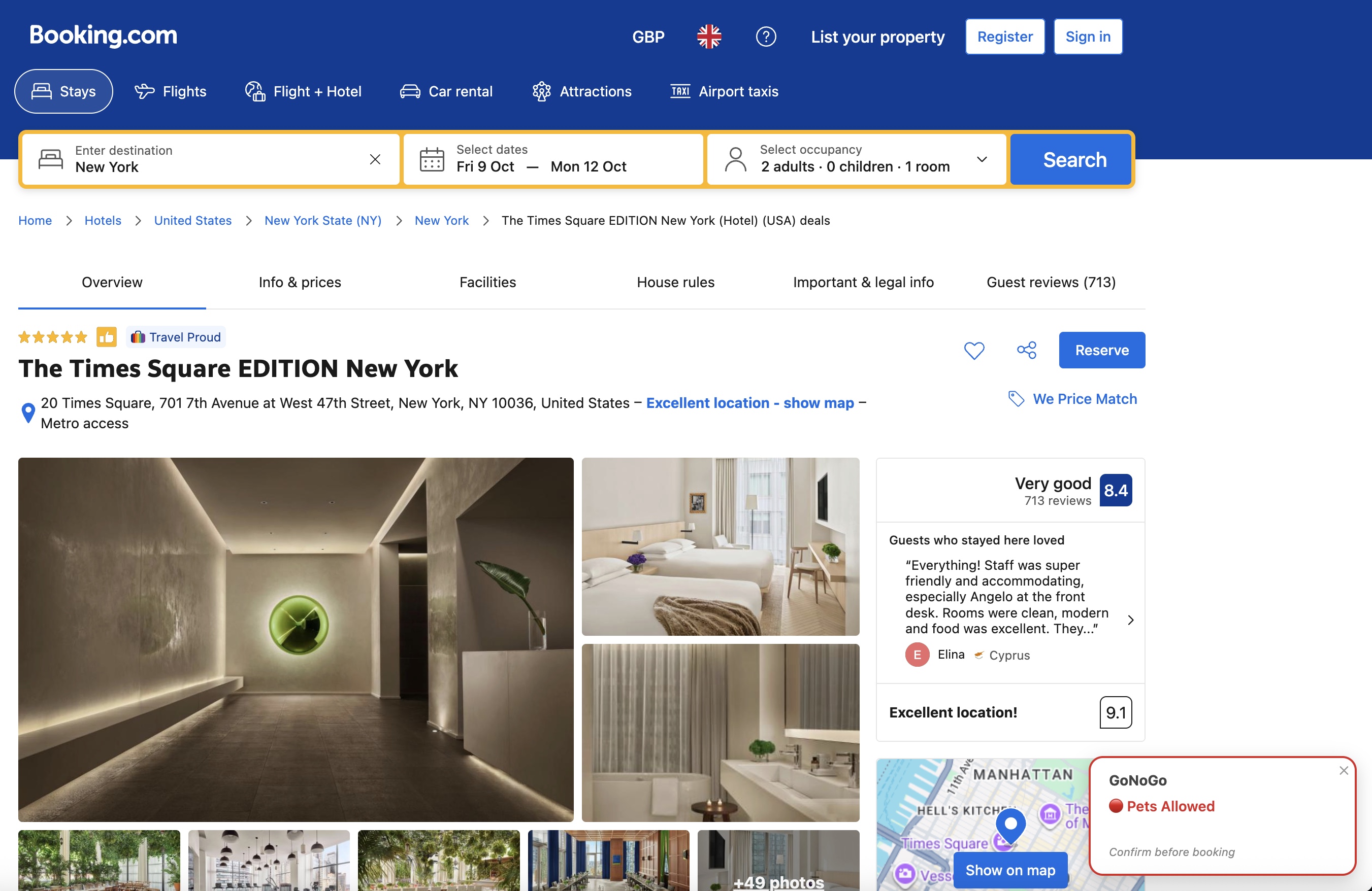 Freehand New York listing on Booking.com with a red GoNoGo badge reading 'Pets Allowed' in the bottom-right corner