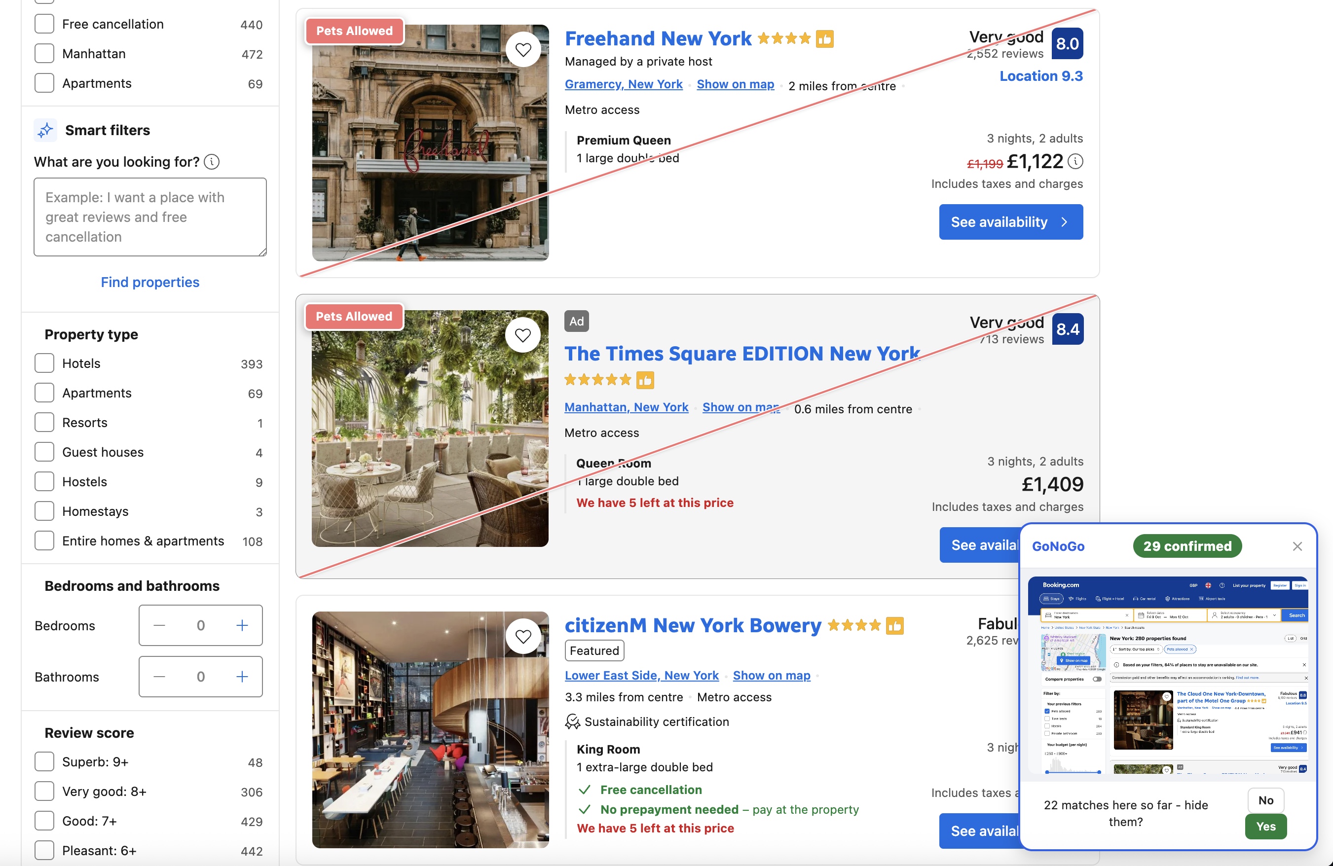 Booking.com search results for New York with two listings carrying a red 'Pets Allowed' corner badge, and GoNoGo's check panel showing '29 confirmed' with a prompt asking to hide the 22 matches found so far