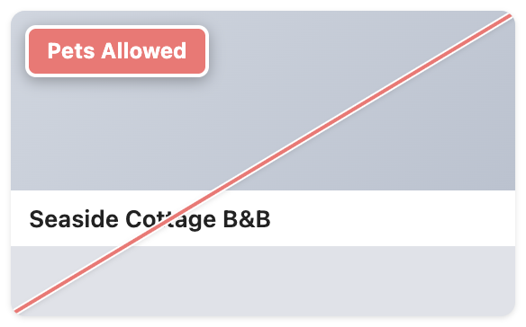 A search result card with a red diagonal line and a red “Pets Allowed” flag in the corner