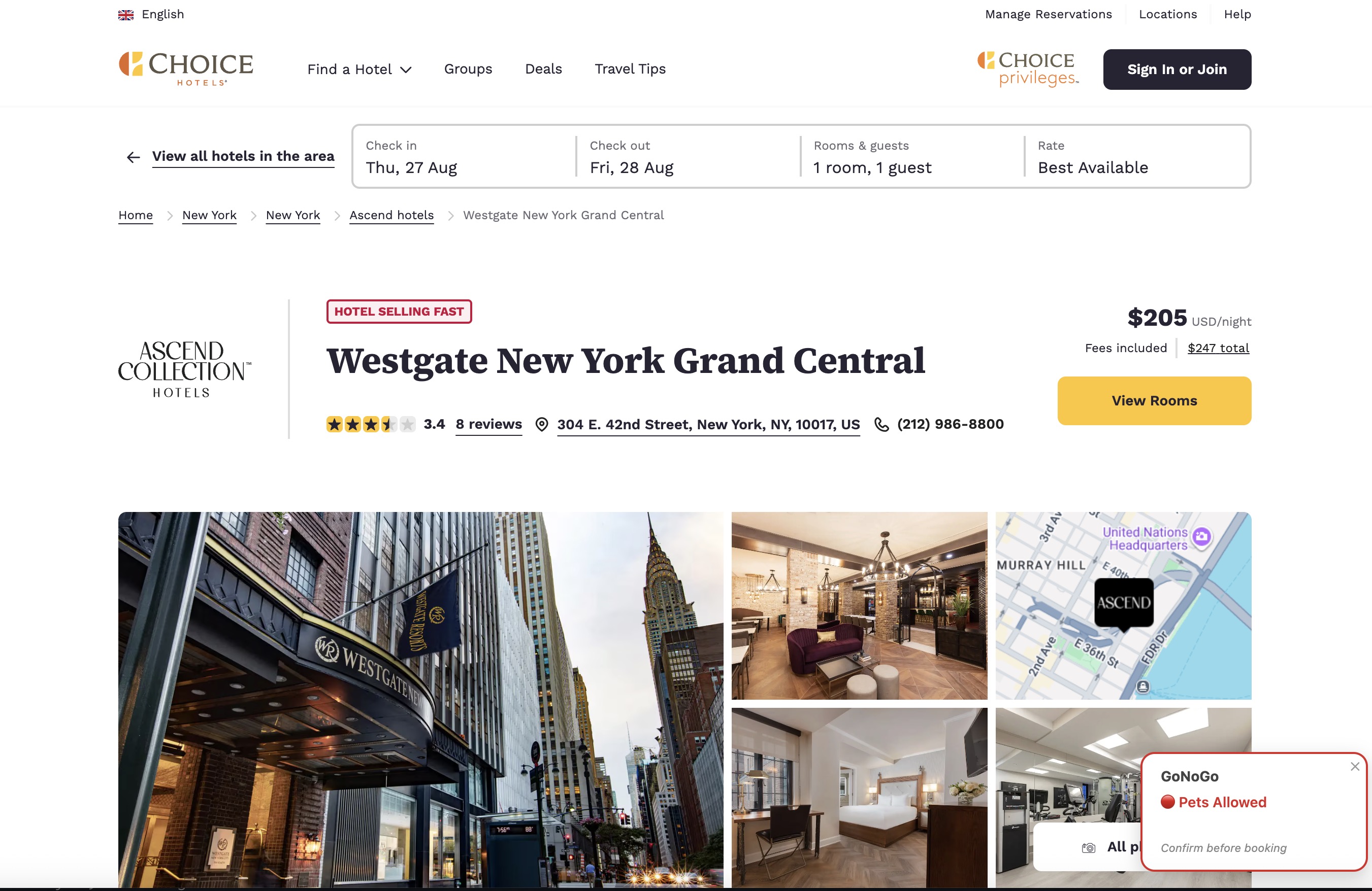 Westgate New York Grand Central listing on Choice Hotels with a GoNoGo pet-policy badge in the bottom-right corner