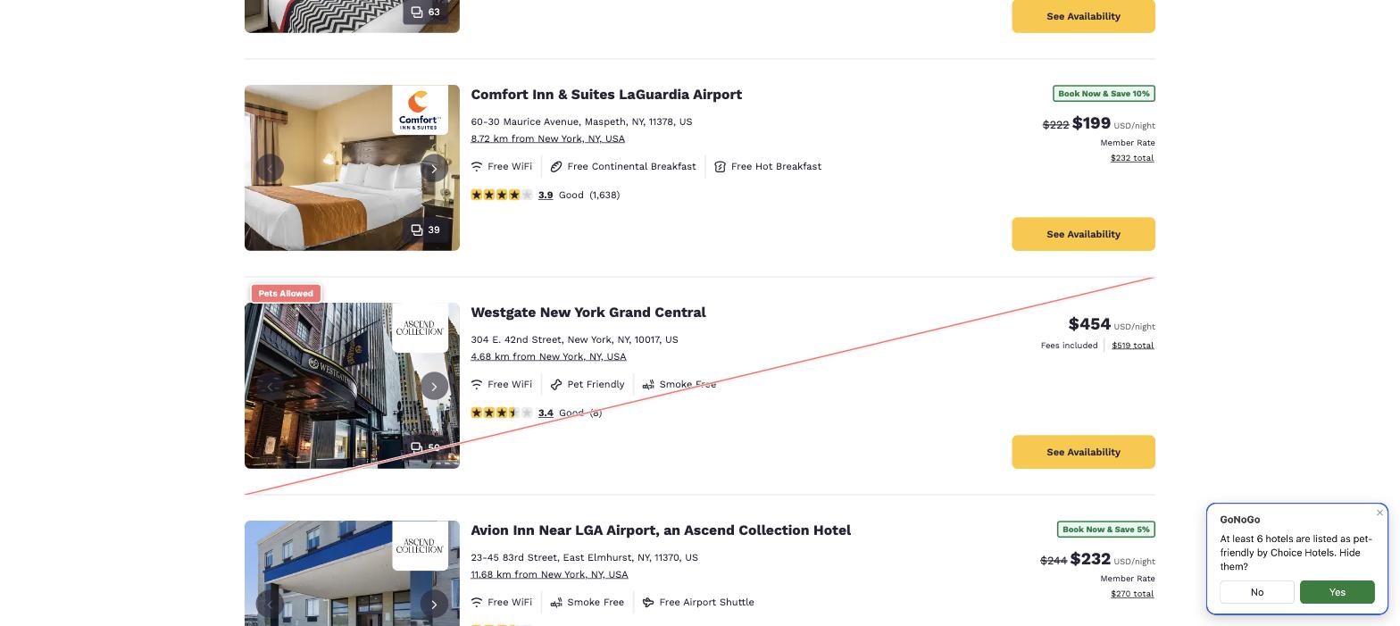 Choice Hotels search results for New York with 'Westgate New York Grand Central' carrying a red 'Pets Allowed' corner badge