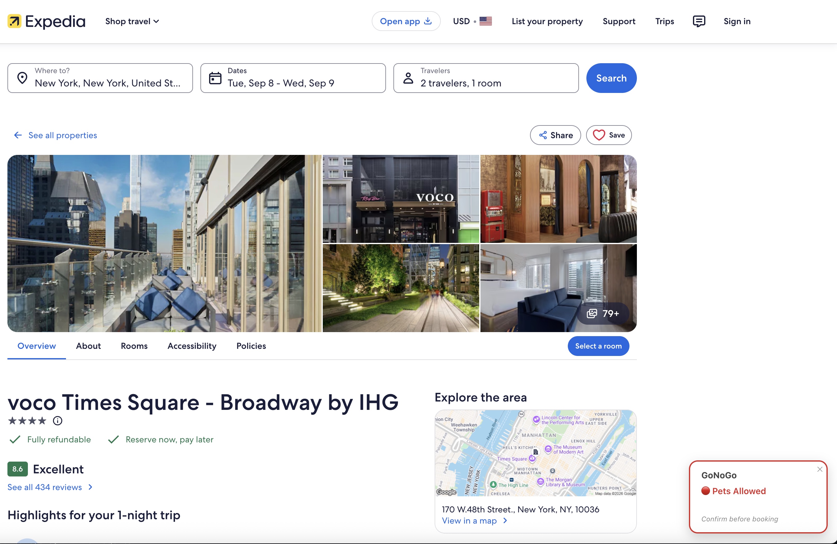 NoMo SoHo listing on Expedia with a red GoNoGo badge reading 'Pets Allowed' in the bottom-right corner