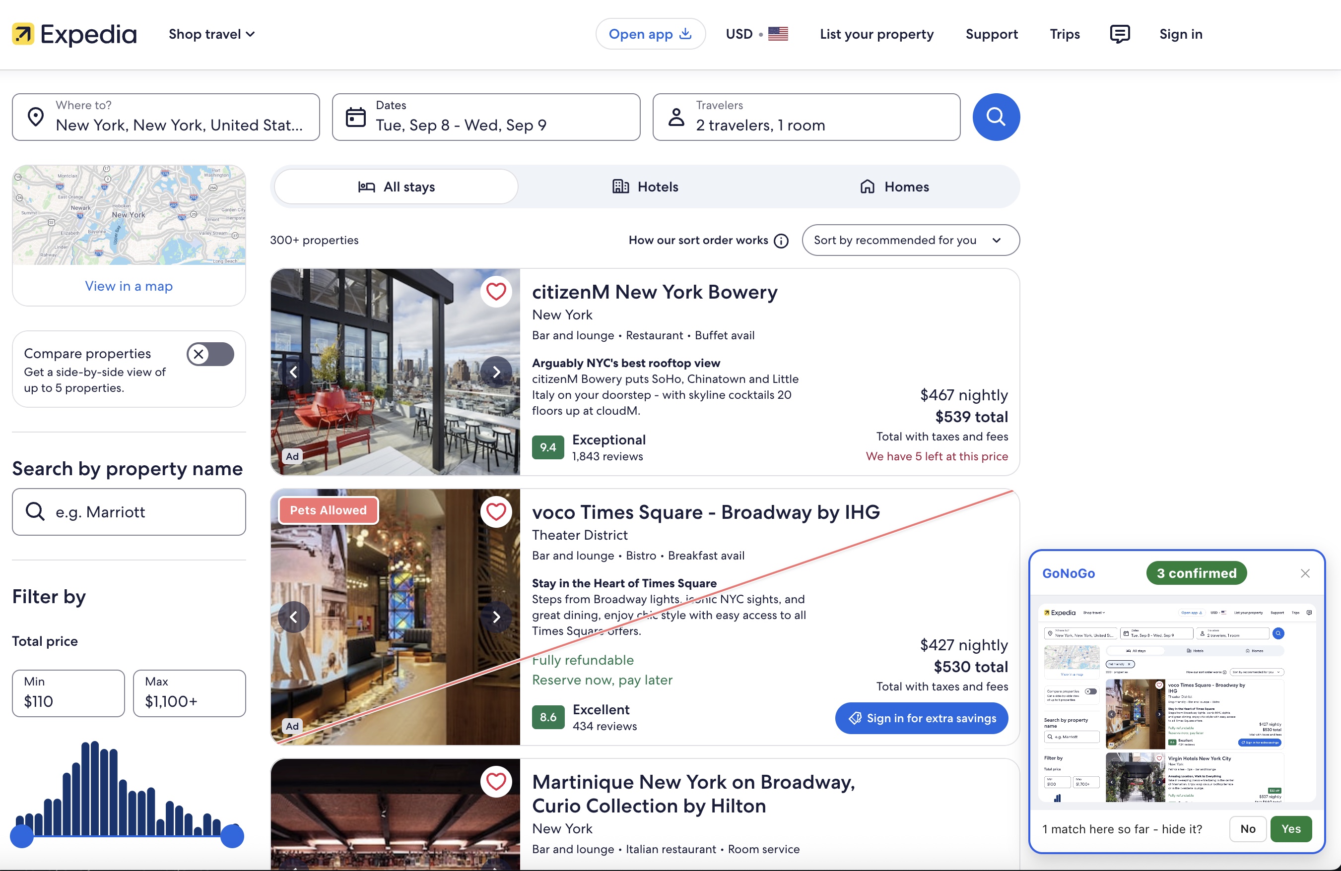 Expedia search results for New York with a listing carrying a red 'Pets Allowed' corner badge, and GoNoGo's check panel confirming matches so far