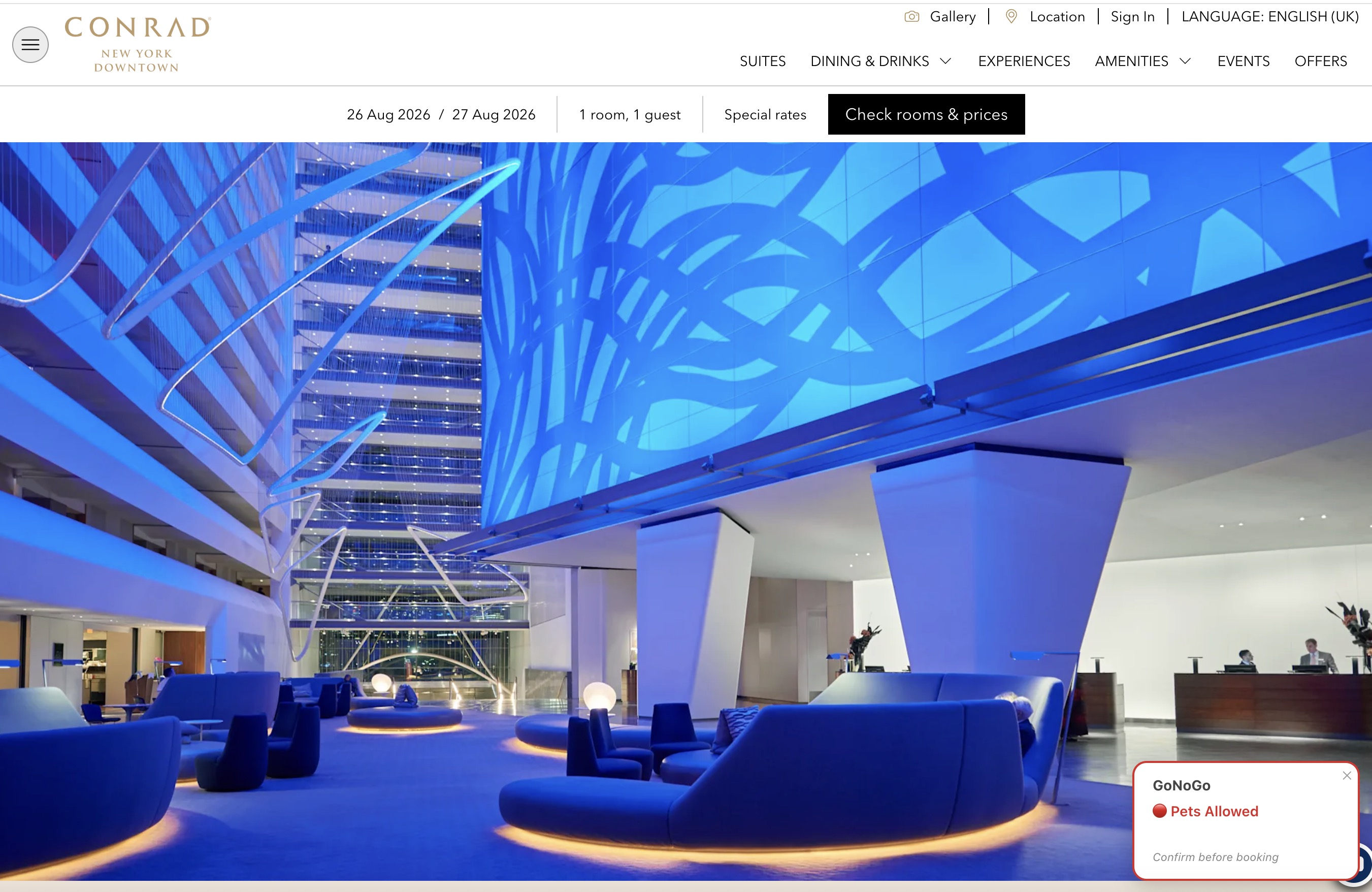 Conrad New York Downtown listing on Hilton with a GoNoGo pet-policy badge in the bottom-right corner