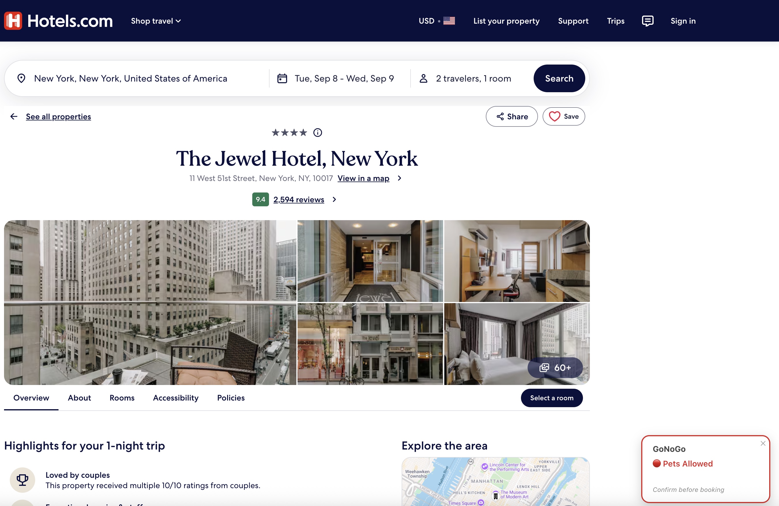 Hyatt Grand Central New York listing on Hotels.com with a red GoNoGo badge reading 'Pets Allowed' in the bottom-right corner
