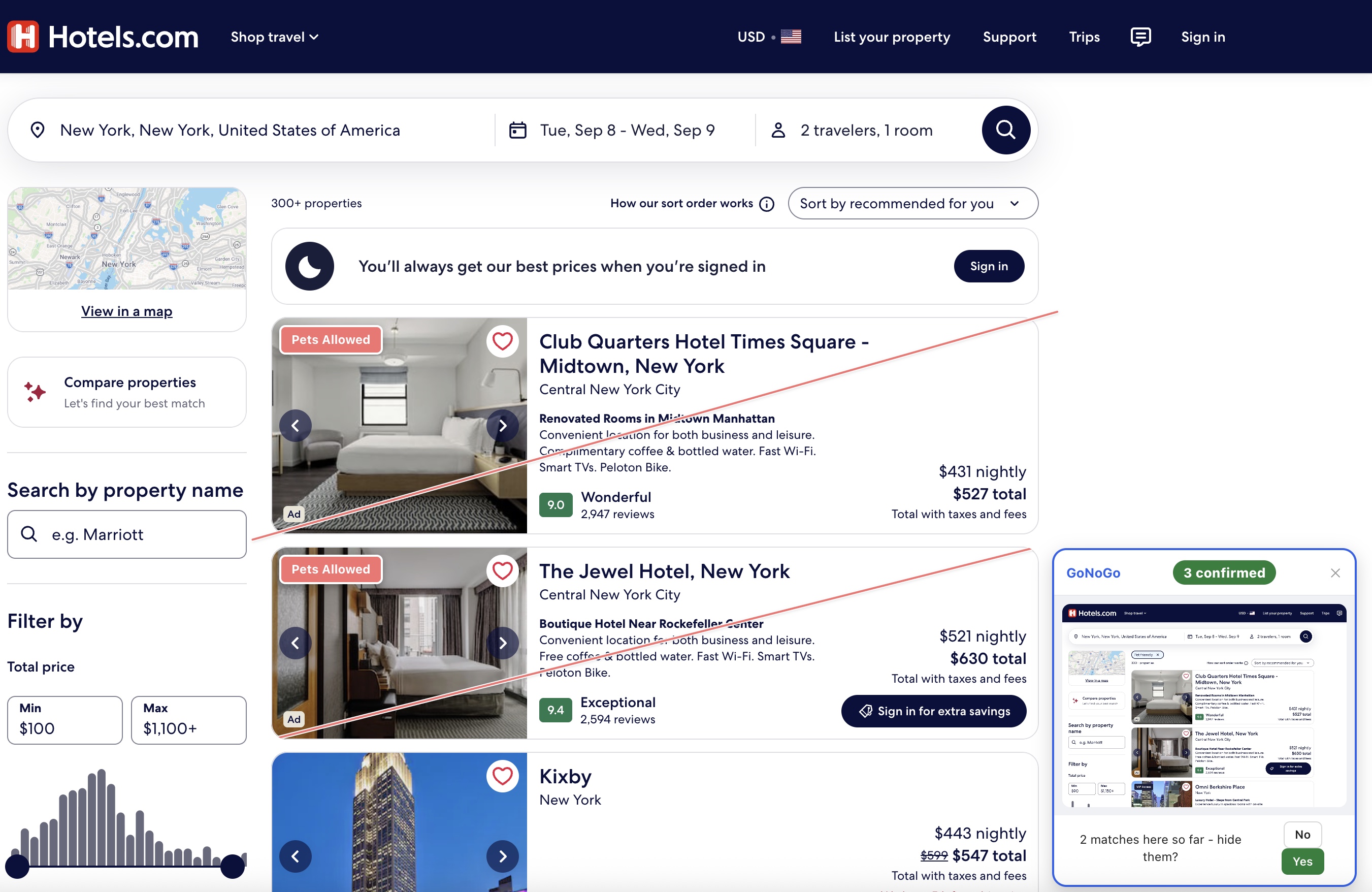 Hotels.com search results for New York with listings carrying red 'Pets Allowed' corner badges, and GoNoGo's check panel confirming matches so far