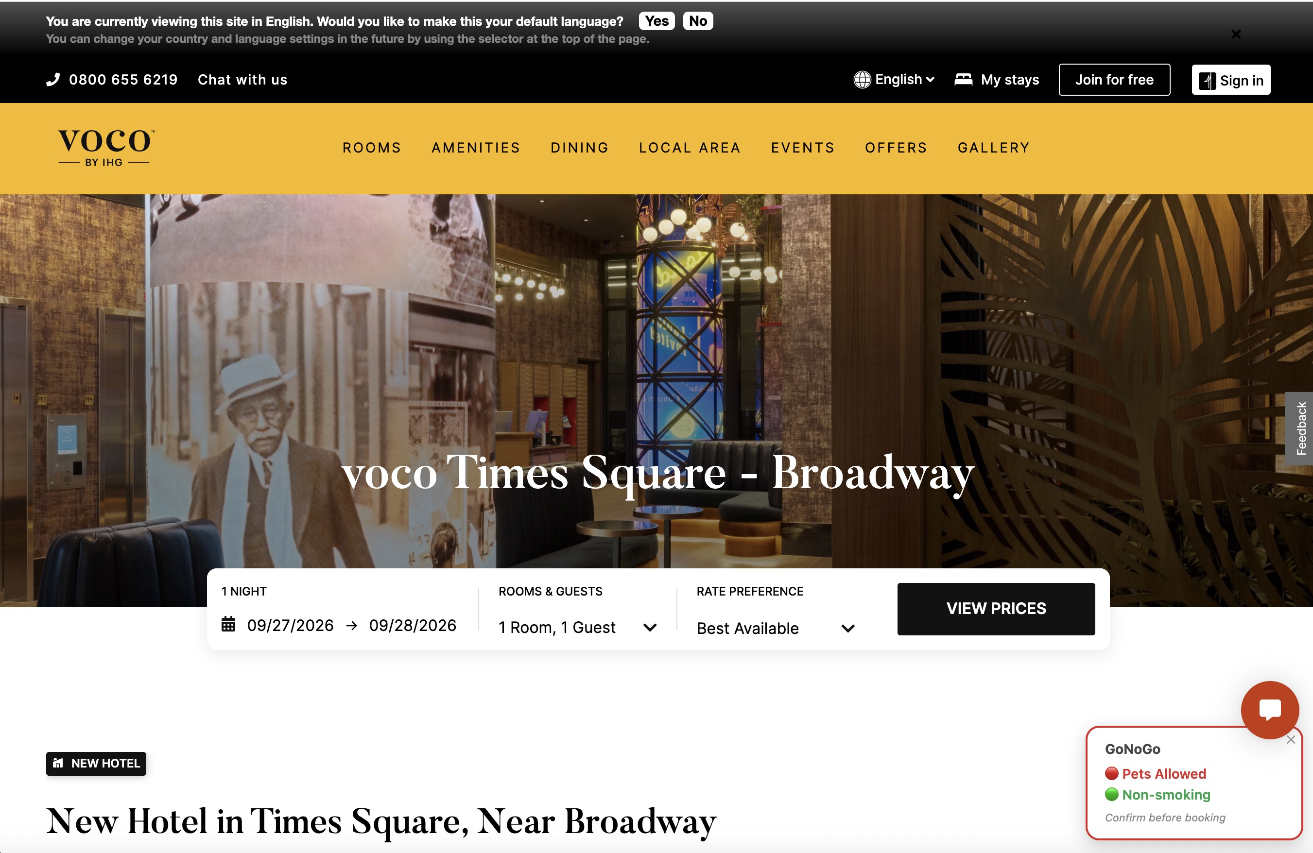 voco Times Square - Broadway listing on IHG with a GoNoGo pet-policy badge in the bottom-right corner