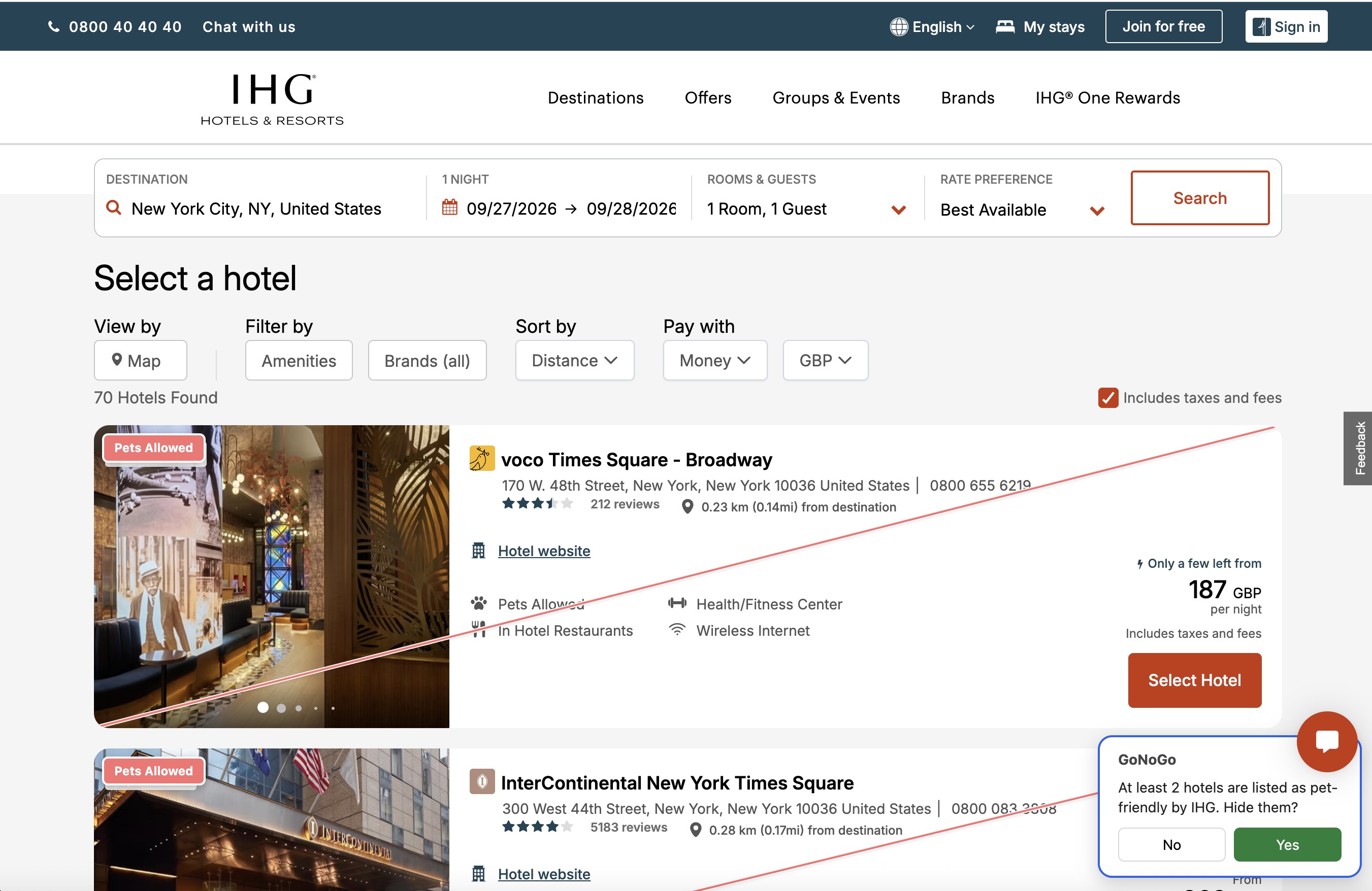 IHG search results for New York with 'voco Times Square - Broadway' and 'InterContinental New York Times Square' carrying red 'Pets Allowed' corner badges, and GoNoGo's check panel