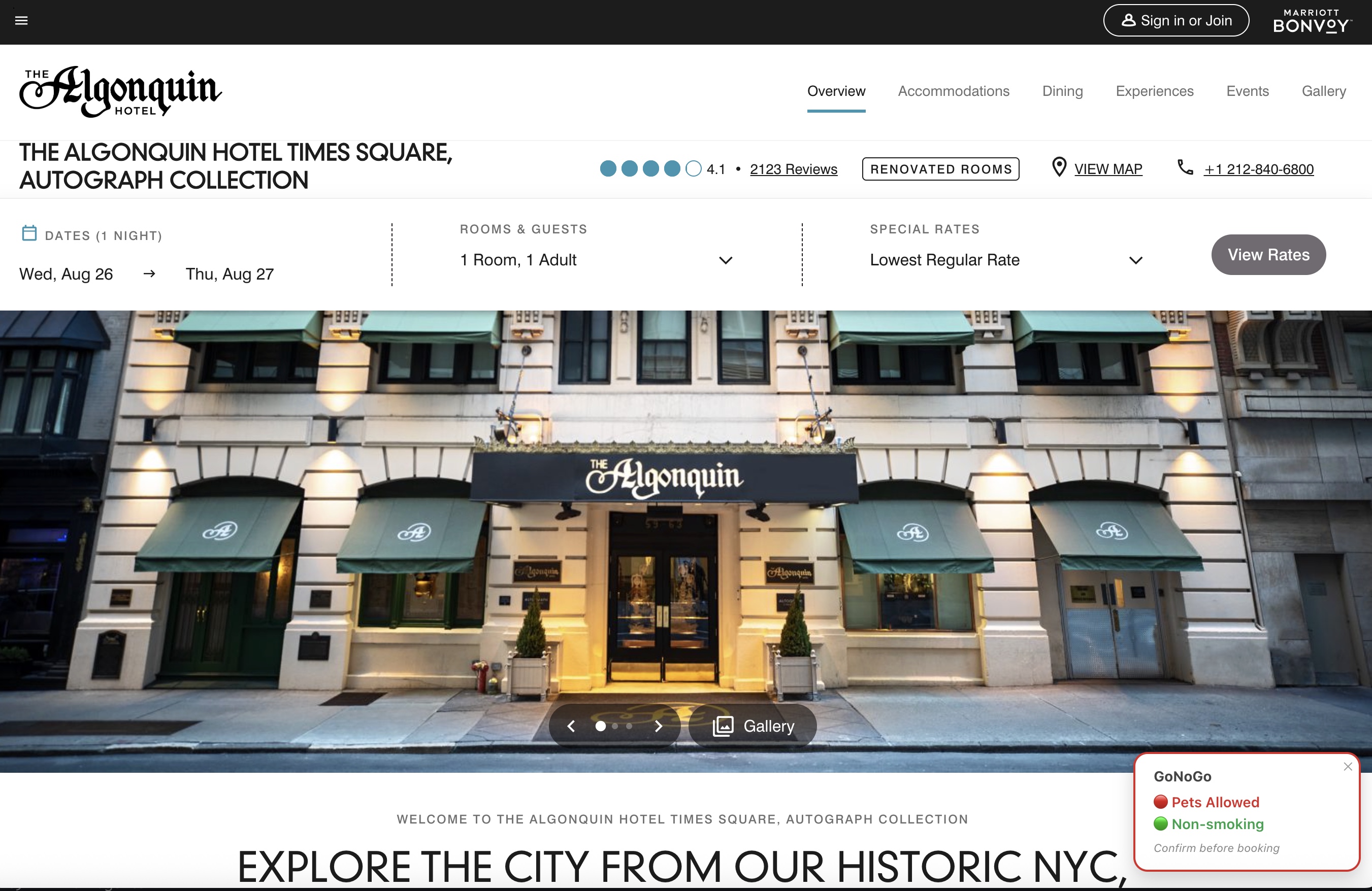 The Algonquin Hotel Times Square listing on Marriott with a GoNoGo pet-policy badge in the bottom-right corner