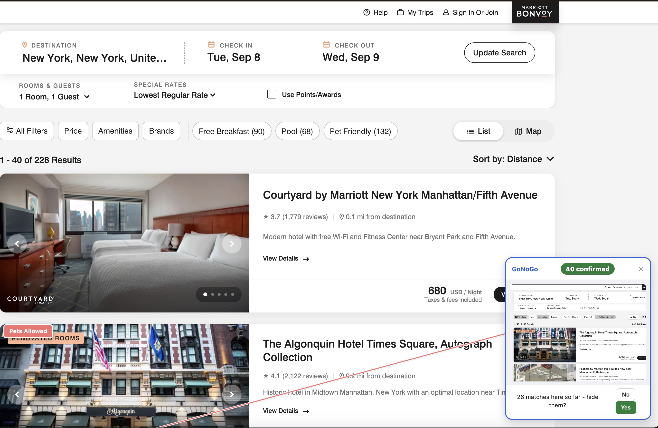 Marriott search results for New York with 'The Algonquin Hotel Times Square' carrying a red 'Pets Allowed' corner badge, and GoNoGo's check panel showing matches found so far