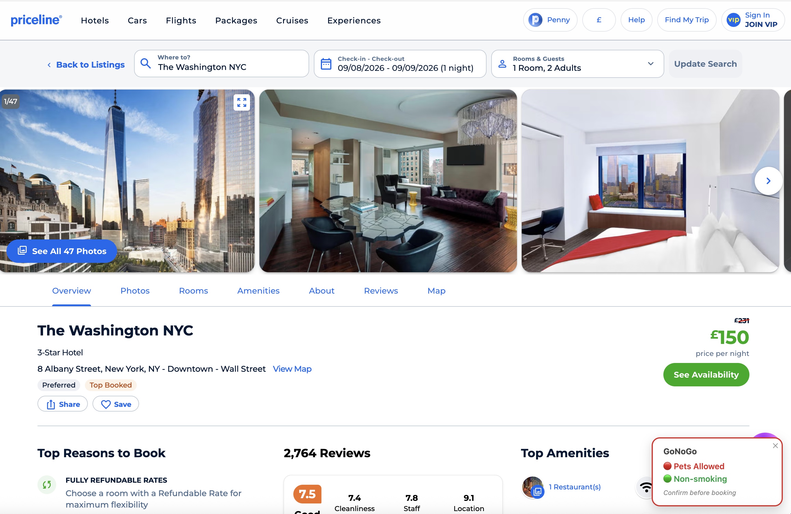 The Washington NYC listing on Priceline with a red GoNoGo badge reading 'Pets Allowed' and green 'Non-smoking'