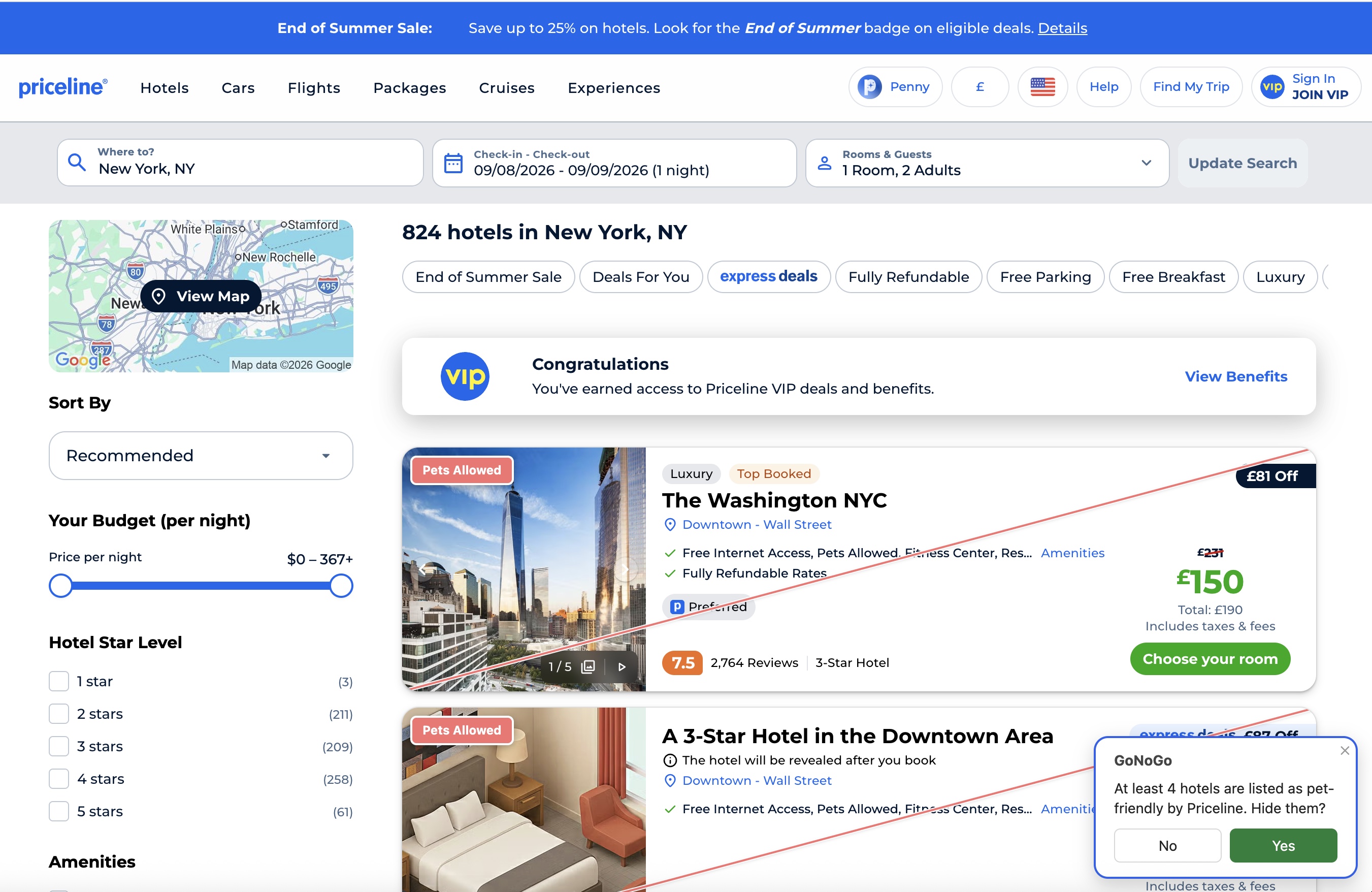 Priceline search results for New York with 'The Washington NYC' carrying a red 'Pets Allowed' corner badge