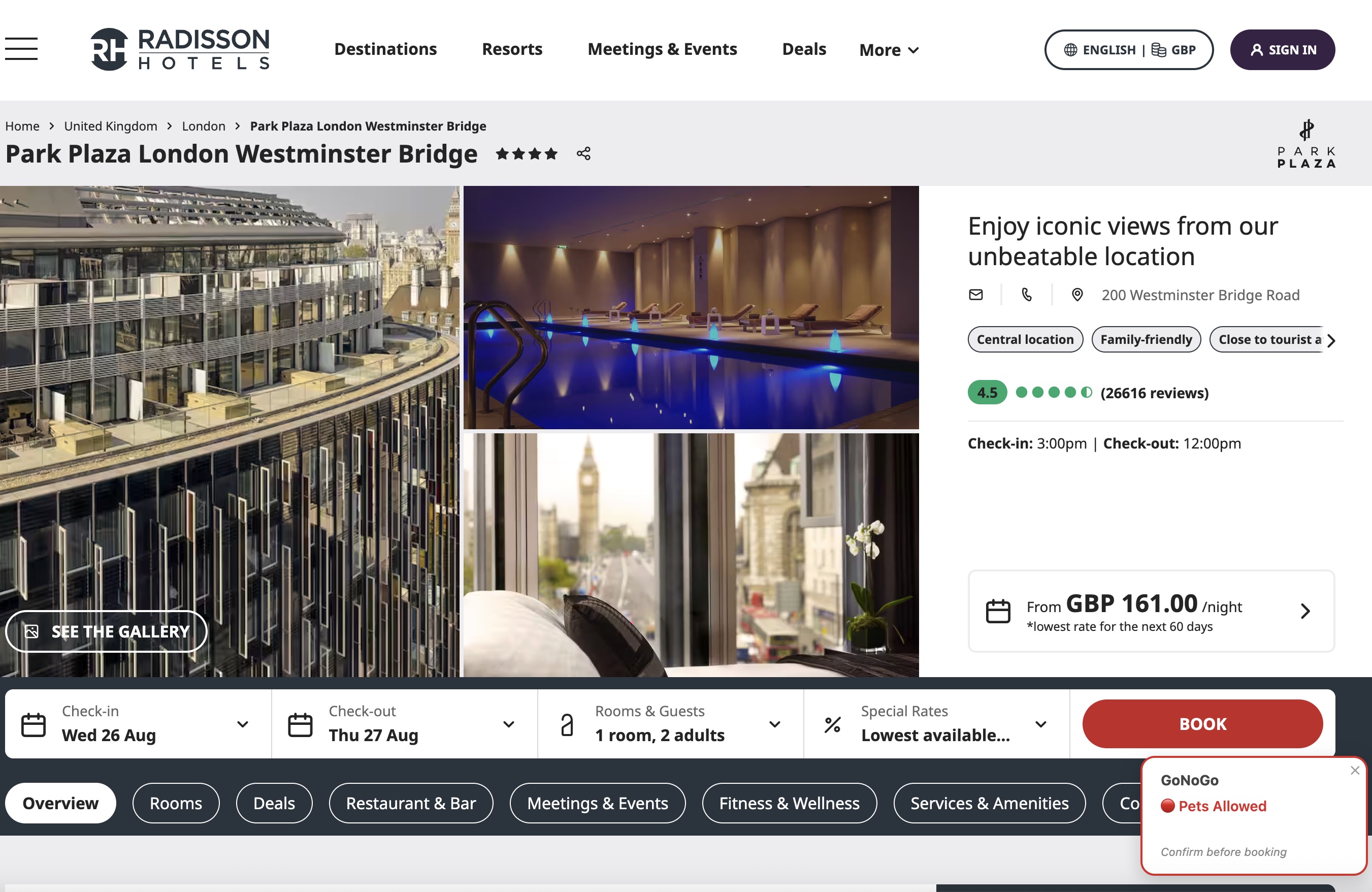 Park Plaza London Westminster Bridge listing on Radisson with a GoNoGo pet-policy badge in the bottom-right corner