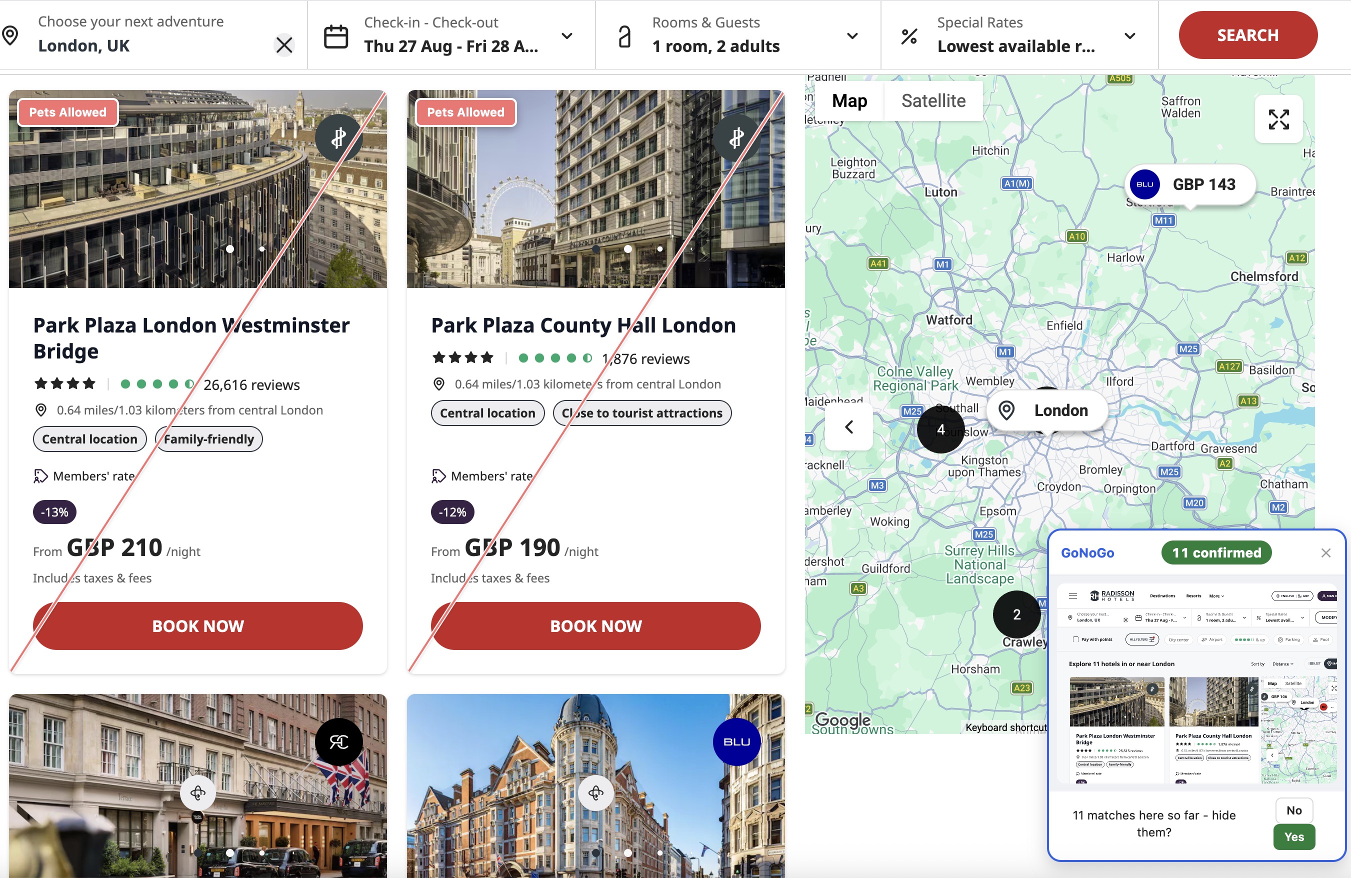 Radisson search results for London with 'Park Plaza London Westminster Bridge' and 'Park Plaza County Hall London' carrying red 'Pets Allowed' corner badges, and GoNoGo's check panel