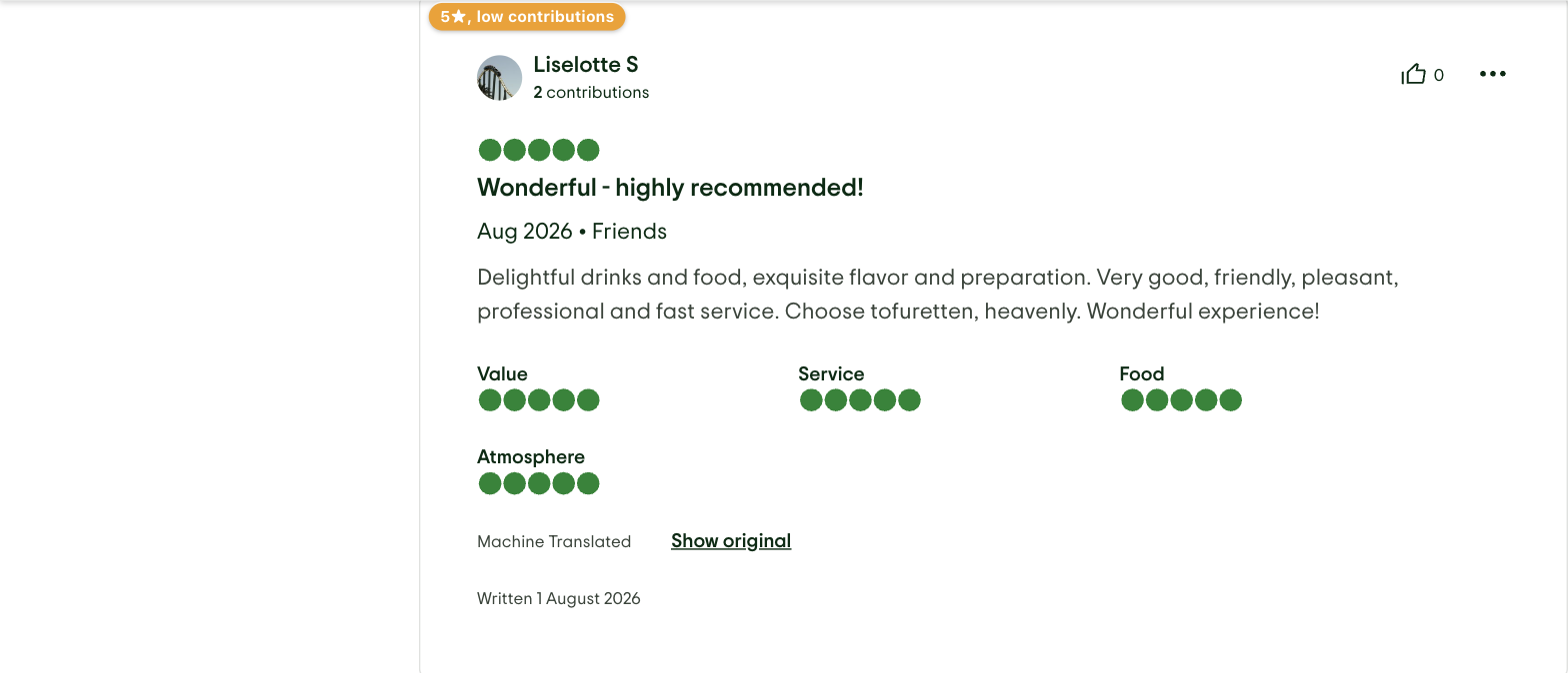 A 5-star TripAdvisor review from a reviewer with 2 contributions, marked with an amber “5★, low contributions” badge in the top-left corner