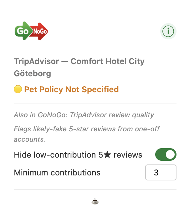 The GoNoGo popup on a TripAdvisor hotel page, showing a “Hide low-contribution 5★ reviews” toggle switched on and a “Minimum contributions” field set to 3