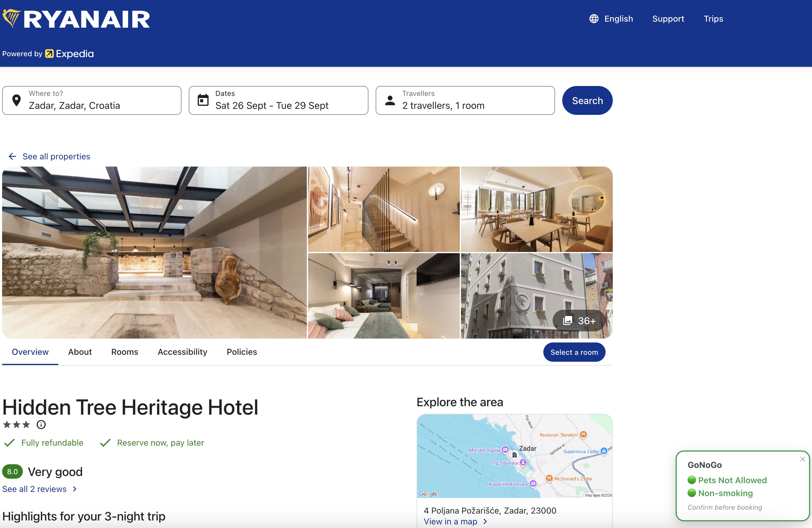 Hidden Tree Heritage Hotel listing on Ryanair Hotels with a green GoNoGo badge reading 'Pets Not Allowed' in the bottom-right corner