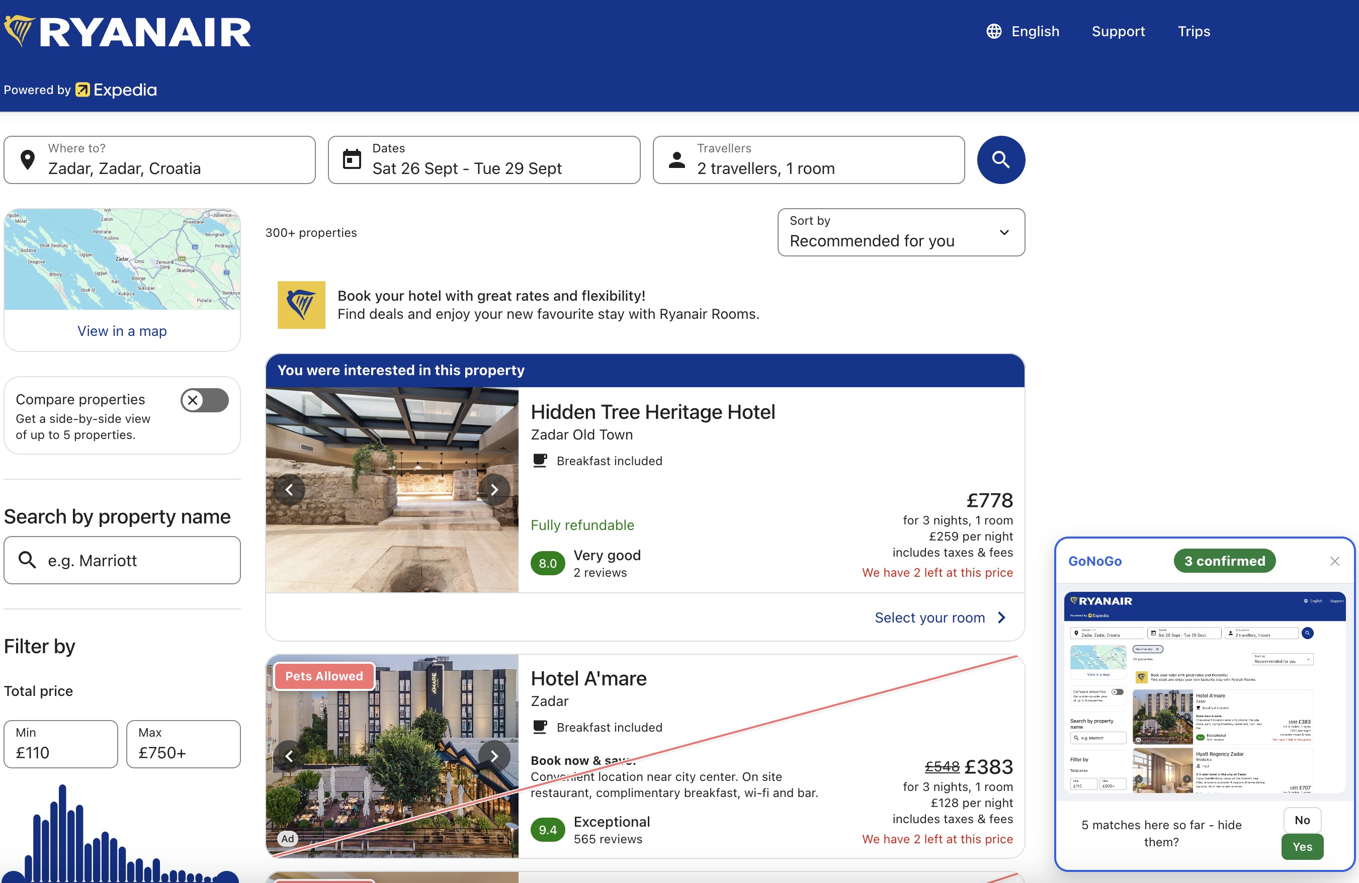 Ryanair Hotels search results for Zadar with a listing carrying a red 'Pets Allowed' corner badge, and GoNoGo's check panel confirming matches so far