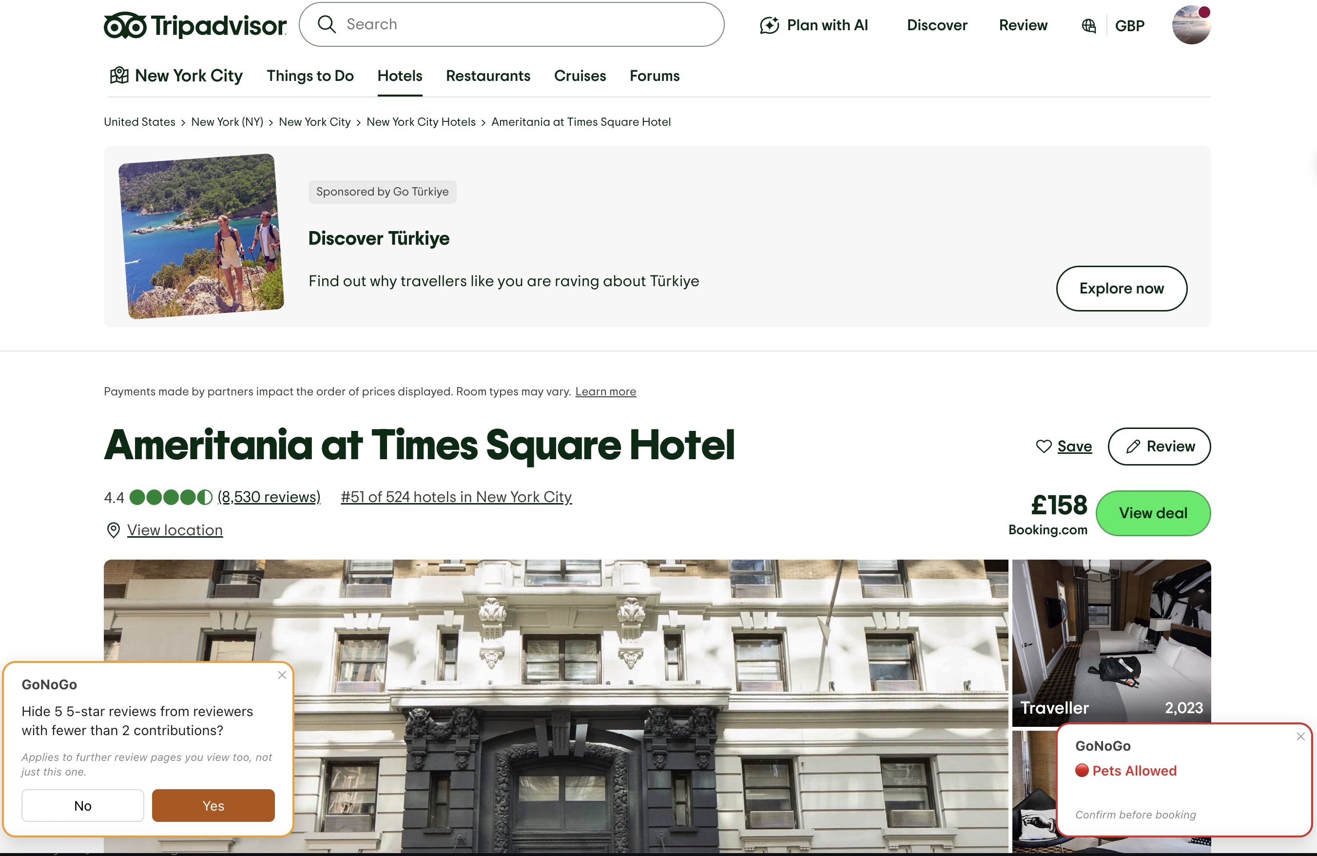 Ameritania at Times Square Hotel listing on TripAdvisor with a GoNoGo pet-policy badge in the bottom-right corner