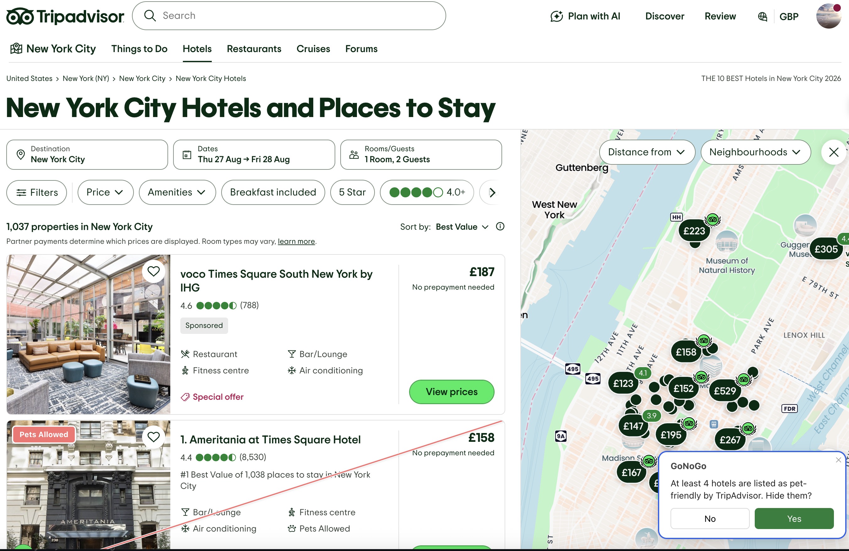 TripAdvisor search results for New York with 'Ameritania at Times Square Hotel' carrying a red 'Pets Allowed' corner badge, and GoNoGo's check panel