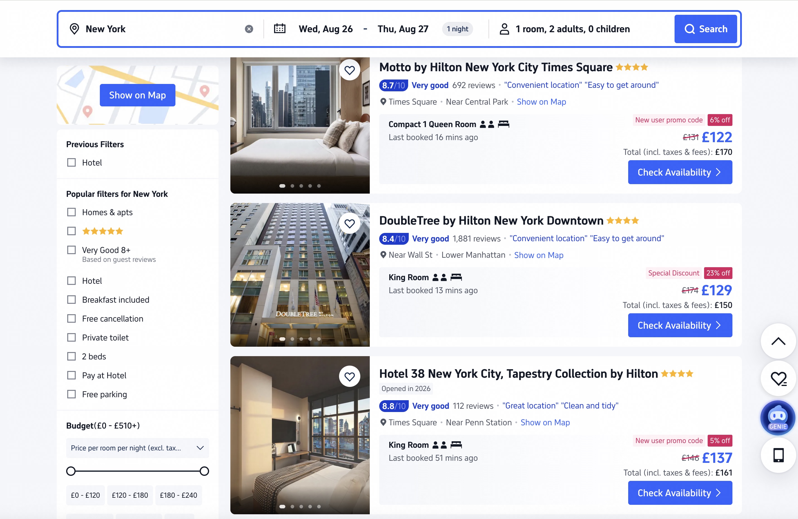 A New York hotel search on Trip.com with no GoNoGo badges, flags, or check-pet-policies panel anywhere on the results list