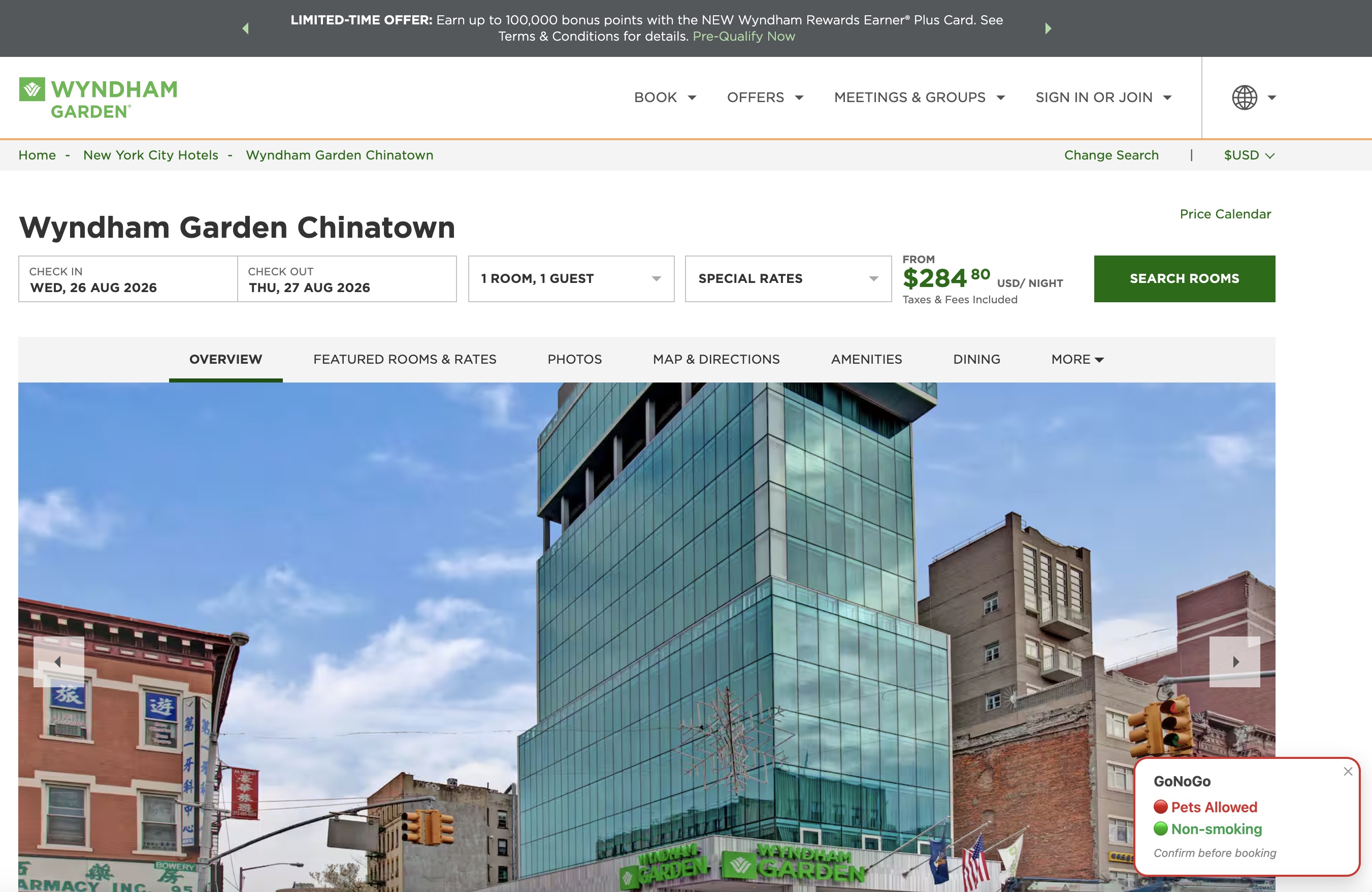 Wyndham Garden Chinatown listing with its Hotel Policies modal open, showing an explicit Pet Policy, and a GoNoGo badge in the corner