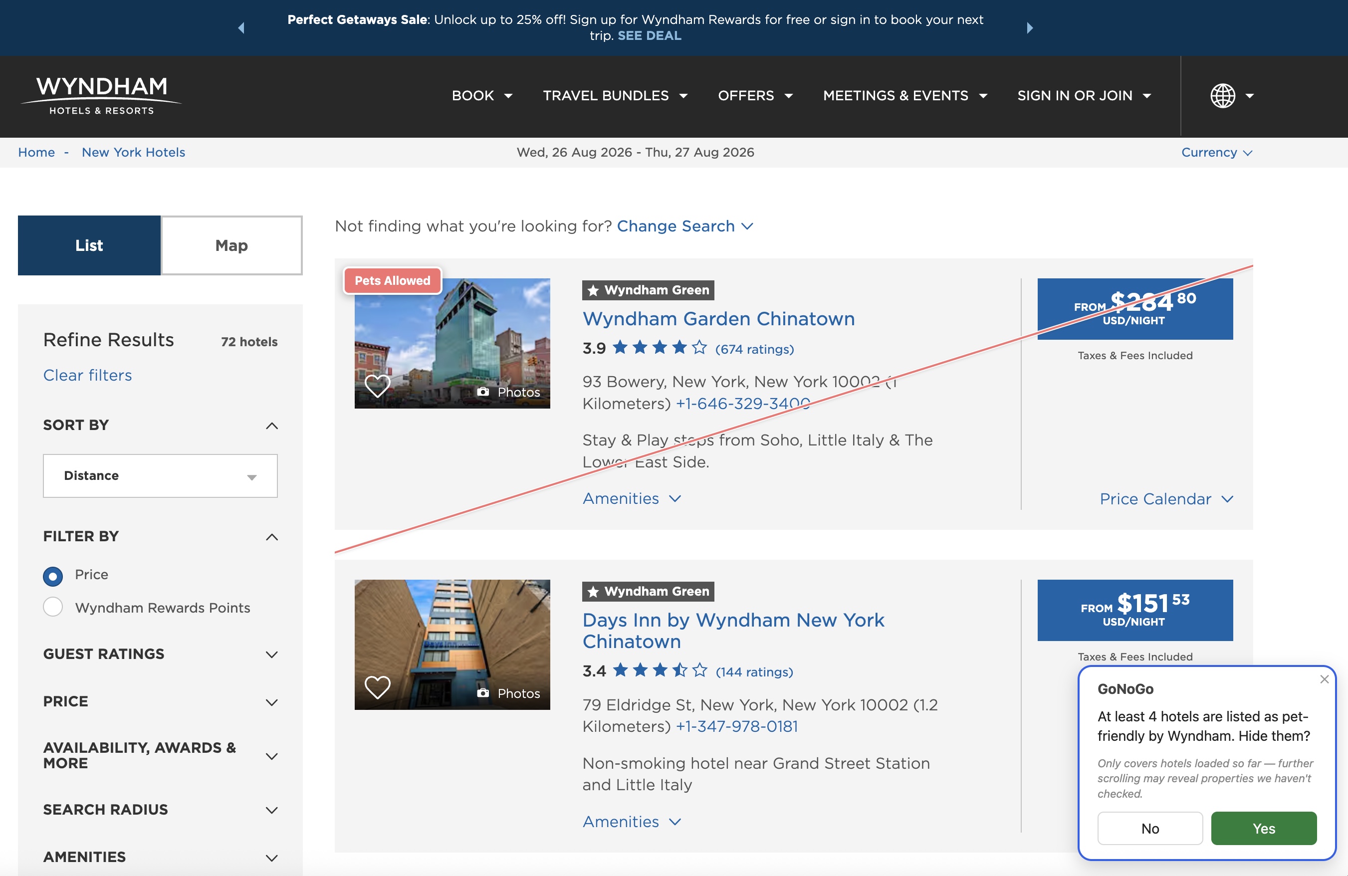 Wyndham search results for New York with 'Wyndham Garden Chinatown' carrying a red 'Pets Allowed' corner badge, and a banner reading 'At least 4 hotels are listed as pet-friendly'